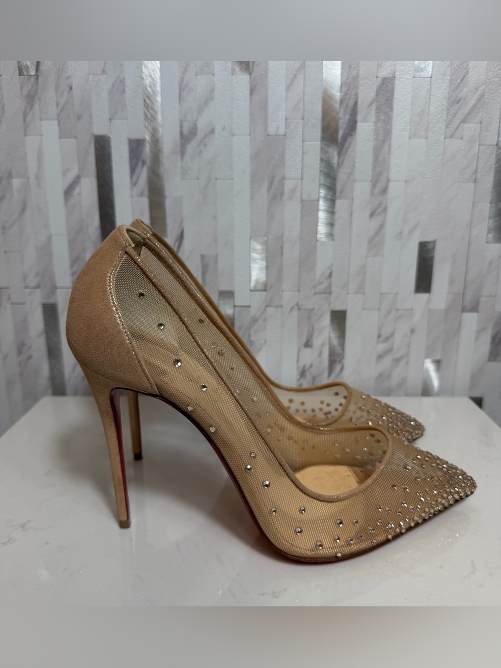 💎Christian Louboutin Nude Follies Strass Suede Rhinestones Heels 100 Size 39 - Picture 6 of 15